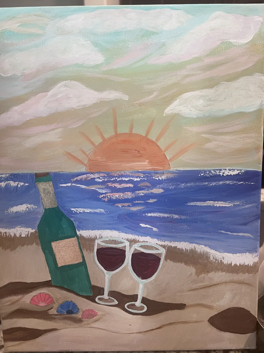 Beach sunset with wine painting