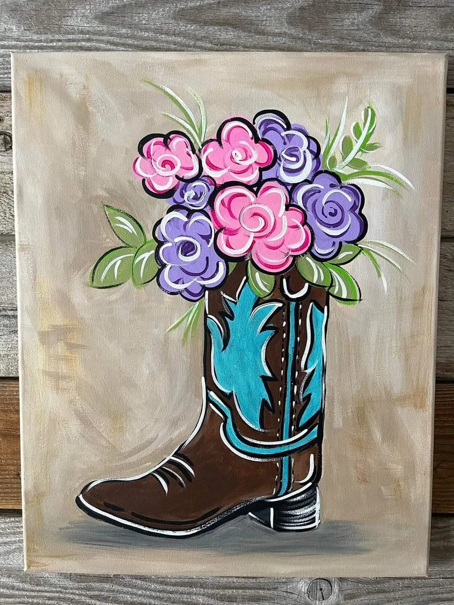 Cowgirl boot with roses painting