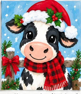 Christmas Cow (Red Scarf) — Christmas paint kit design on a 5x7 canvas