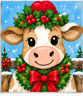 Christmas Cow (Wreath) — Christmas paint kit design on a 5x7 canvas