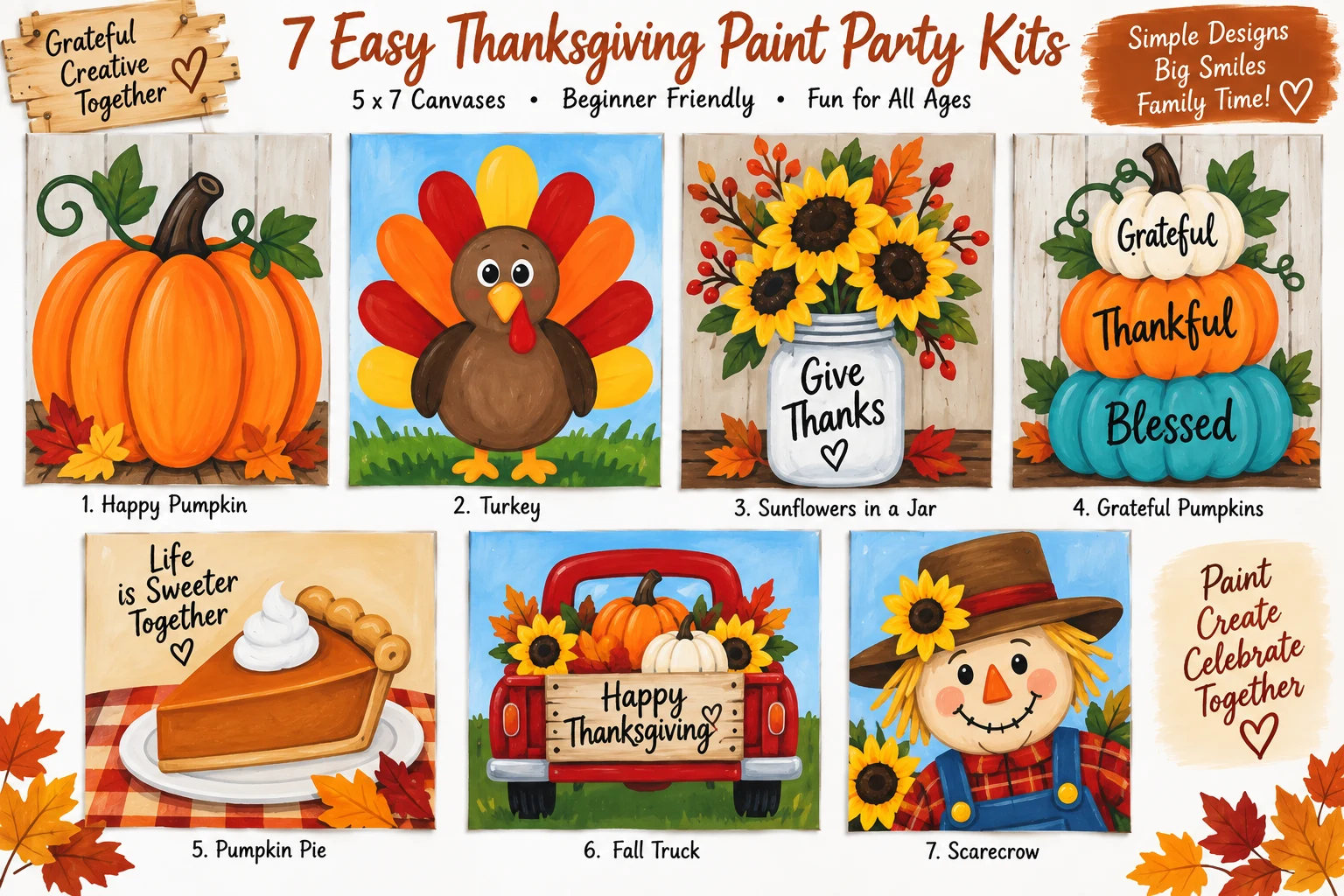 All 7 Thanksgiving paint kit designs on 5x7 canvases: Happy Pumpkin, Turkey, Sunflowers in a Jar, Grateful Pumpkins, Pumpkin Pie, Fall Truck, Scarecrow.