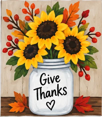 Sunflowers in a Jar — Thanksgiving paint kit design on a 5x7 canvas