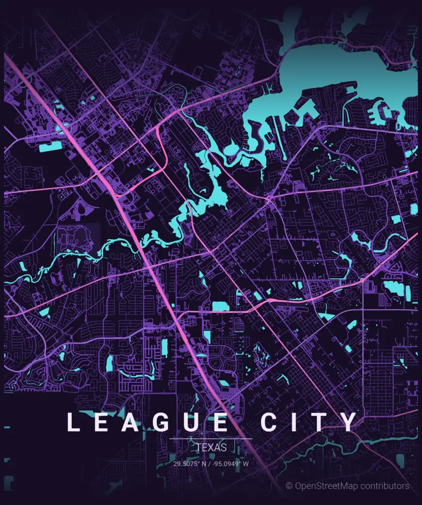 Illustrated street map of League City, Texas and the Clear Lake area, showing the service area Painting Your Art Out travels to